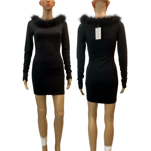 NEW Vintage Nadia Aboulhosn Mini Dress Black Marabou Trim - Picture 4 of 8